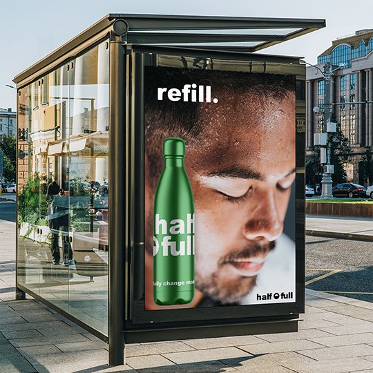 ad at bus stop for reusable water bottle branding
