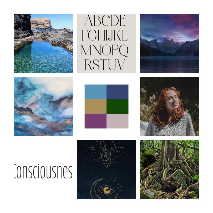 Moodboard with squares of nature sceens, colours, typography and a woman outdoors breathin in