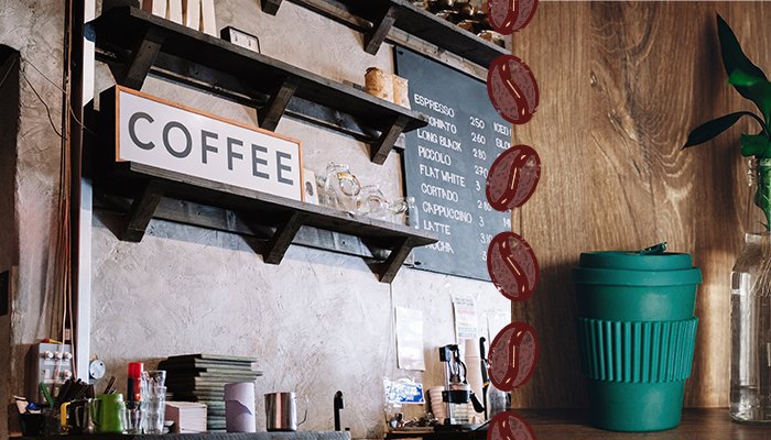 Collage of coffee shop and reusable cup with beans by lumimango