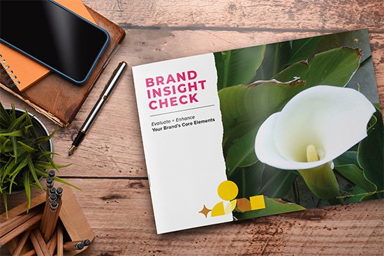 image of wooden desk with accessories and cover of the Brand Insight Ebook by Lumimango