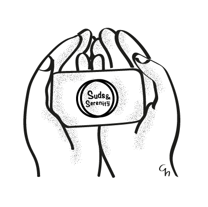 black and white illustration strokes by Christiane Holden - Lumimango depicting a soap with a logo held in two hands, serenity and calm feeling