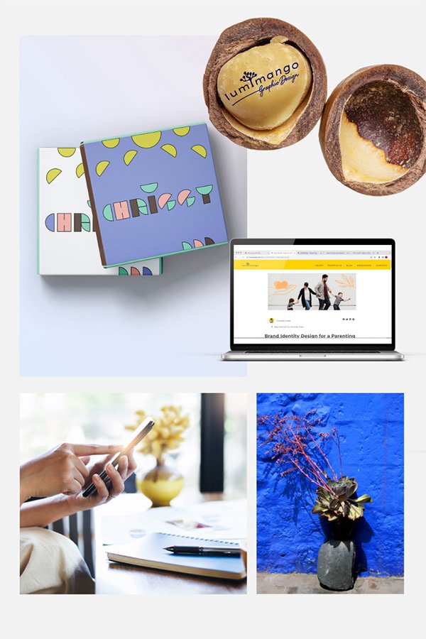 A moodboard created by Christiane Holden showing mockup designs, mobile use, laptop and plants
