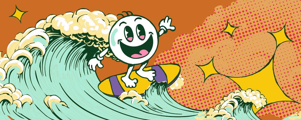 japanese comic style wave with laughing cartoon man on surfboard and stars in the background