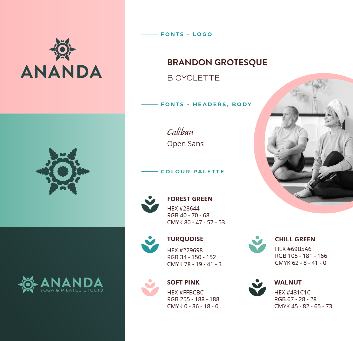 Stylesheet with logos, typography and colour palette for Anananda Yoga & Pilates studio by Lumimango